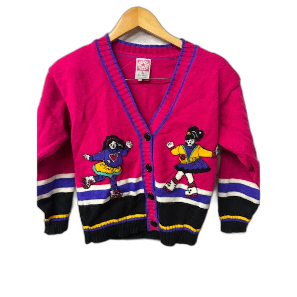 Vintage Girl's Sweater Cardigan Size Small 7/8 Pink Roller Skating Striped 80s